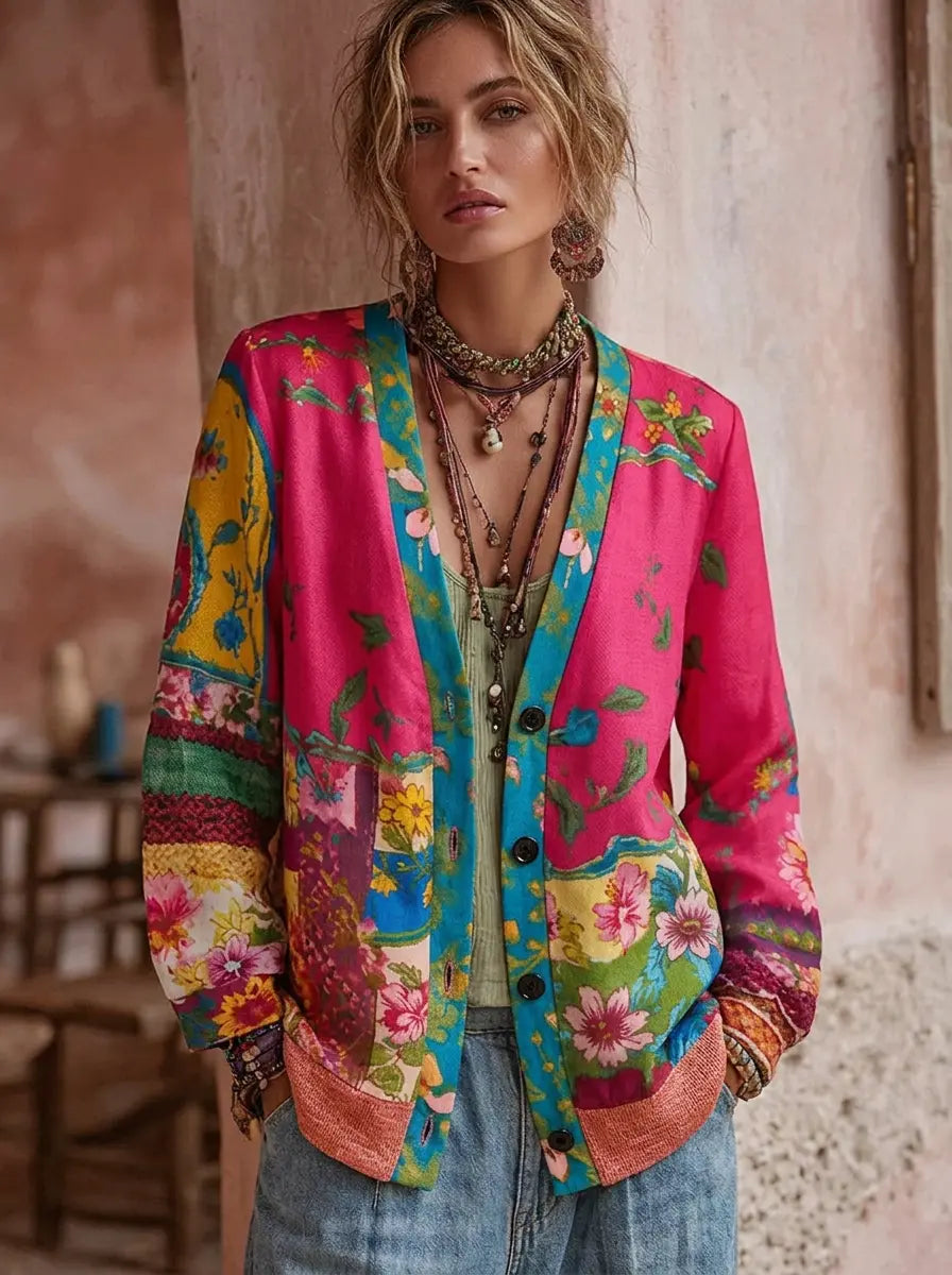 Damen Vintage Strickjacke mit Blumenmuster in Rosa