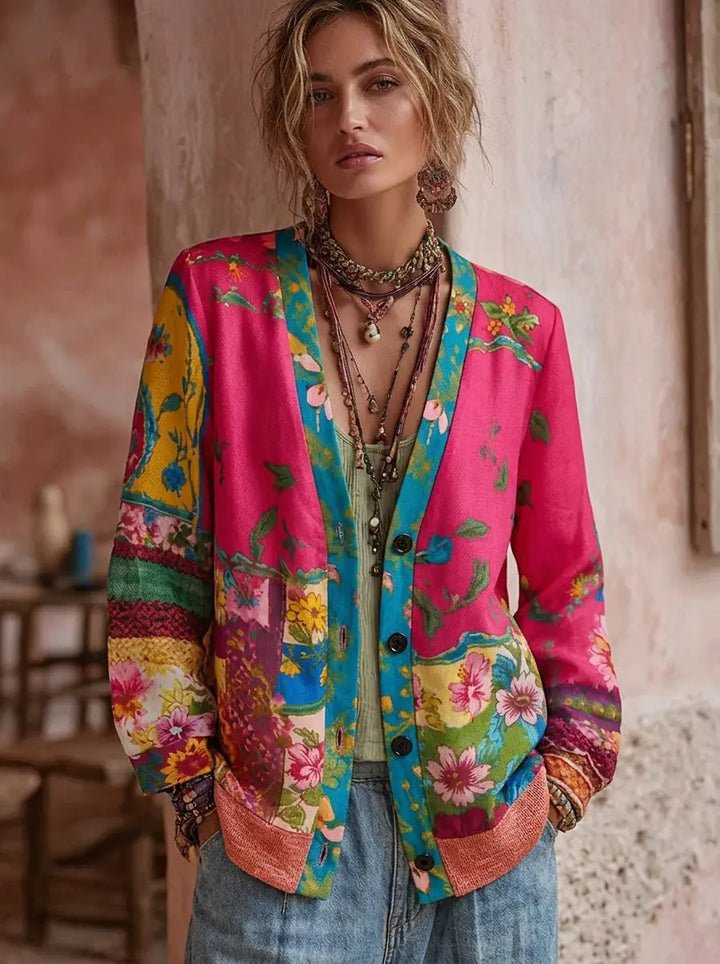 Damen Vintage Strickjacke mit Blumenmuster in Rosa