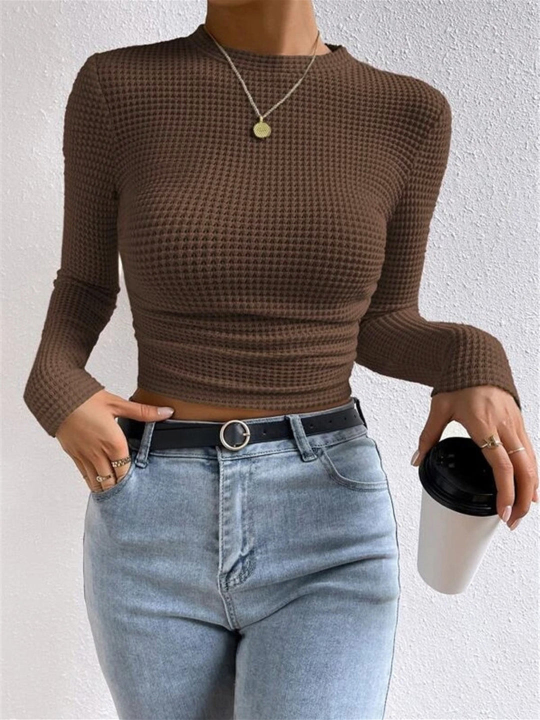 Damen Waffelpiqué Langarm-Bluse | Crew-Ausschnitt (13)
