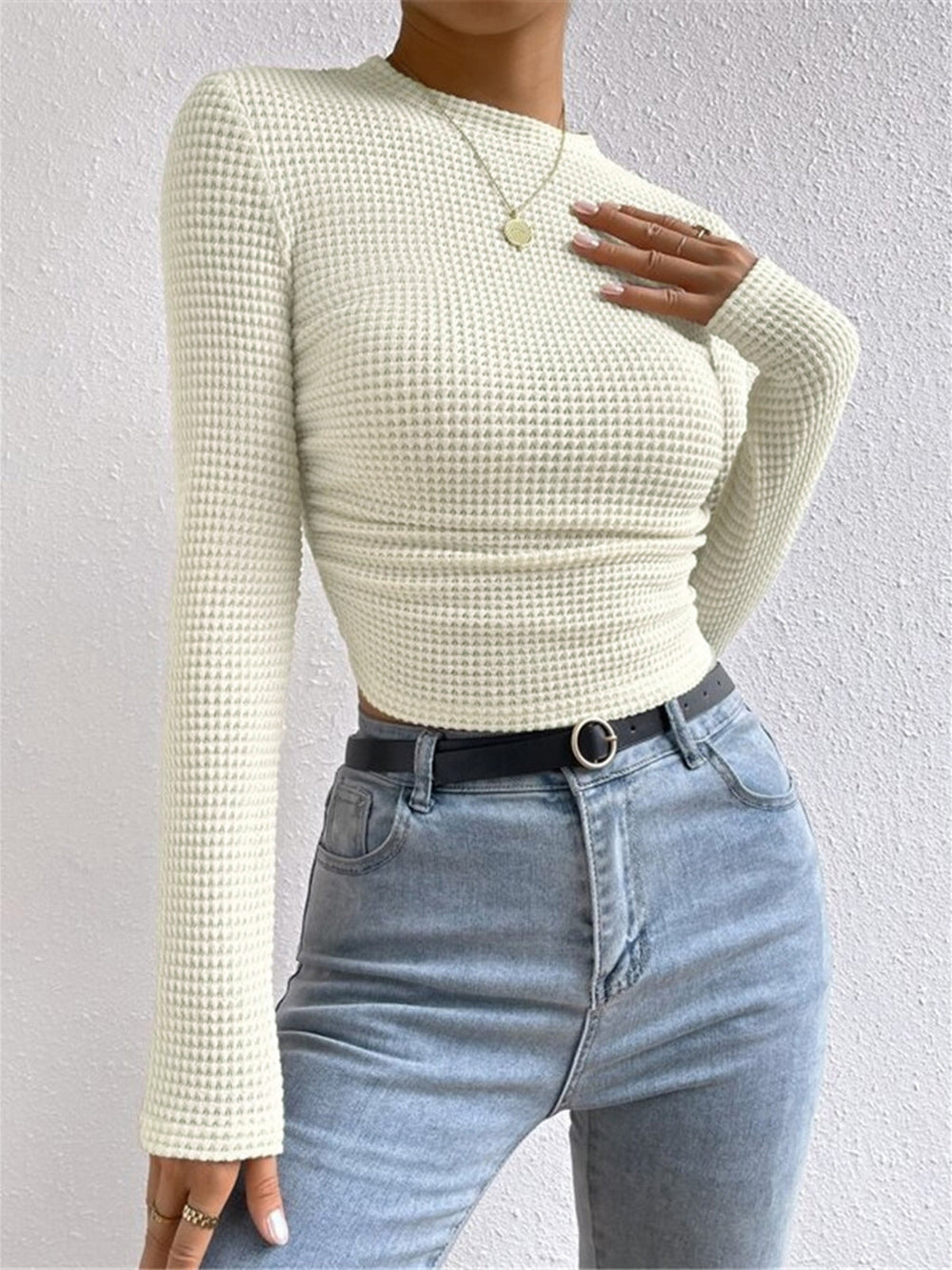 Damen Waffelpiqué Langarm-Bluse | Crew-Ausschnitt (2)