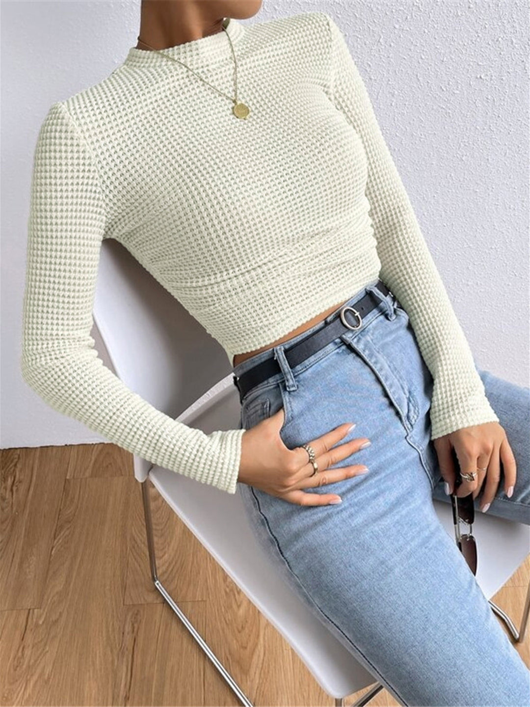 Damen Waffelpiqué Langarm-Bluse | Crew-Ausschnitt (3)