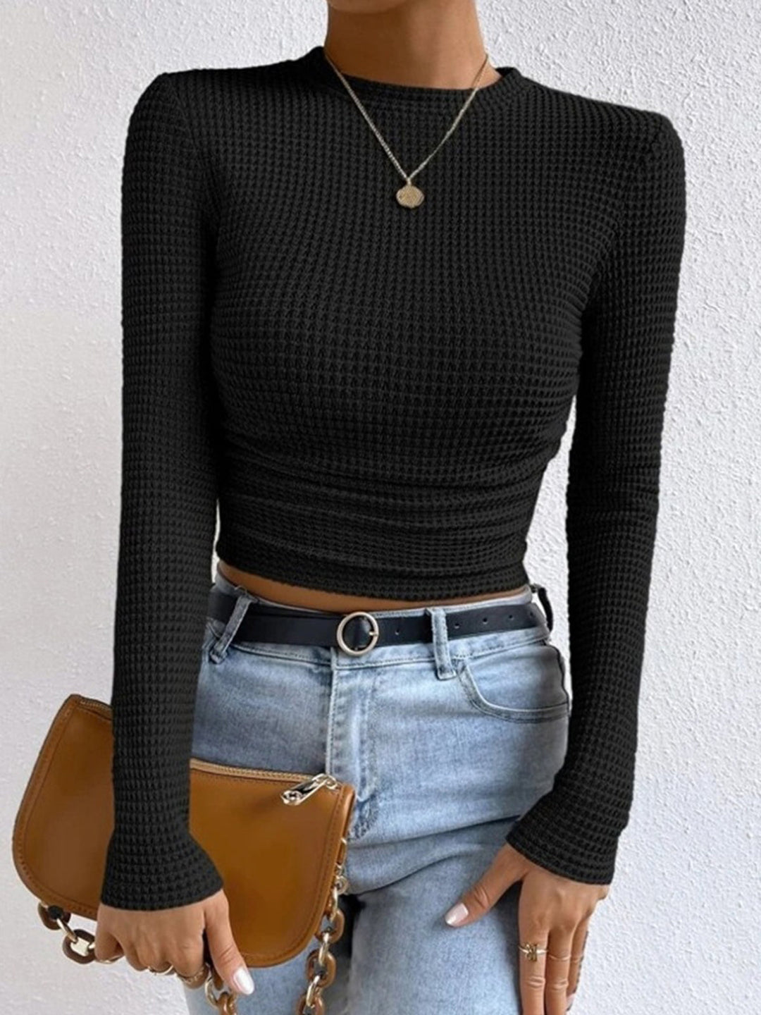 Damen Waffelpiqué Langarm-Bluse | Crew-Ausschnitt (8)
