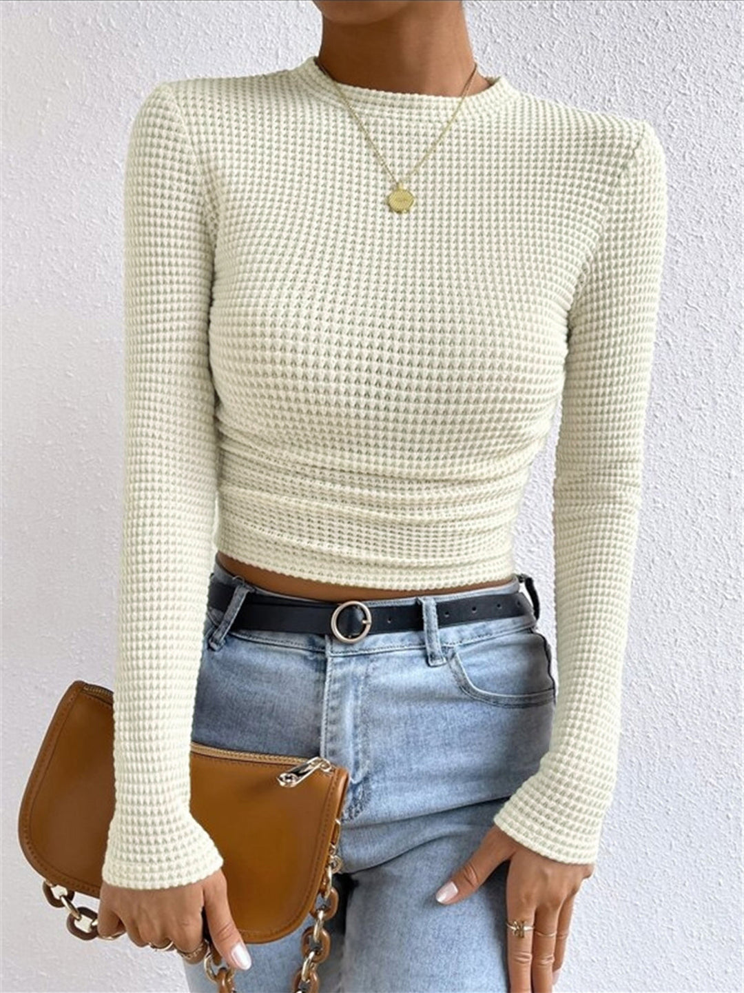 Damen Waffelpiqué Langarm-Bluse | Crew-Ausschnitt in Apricot