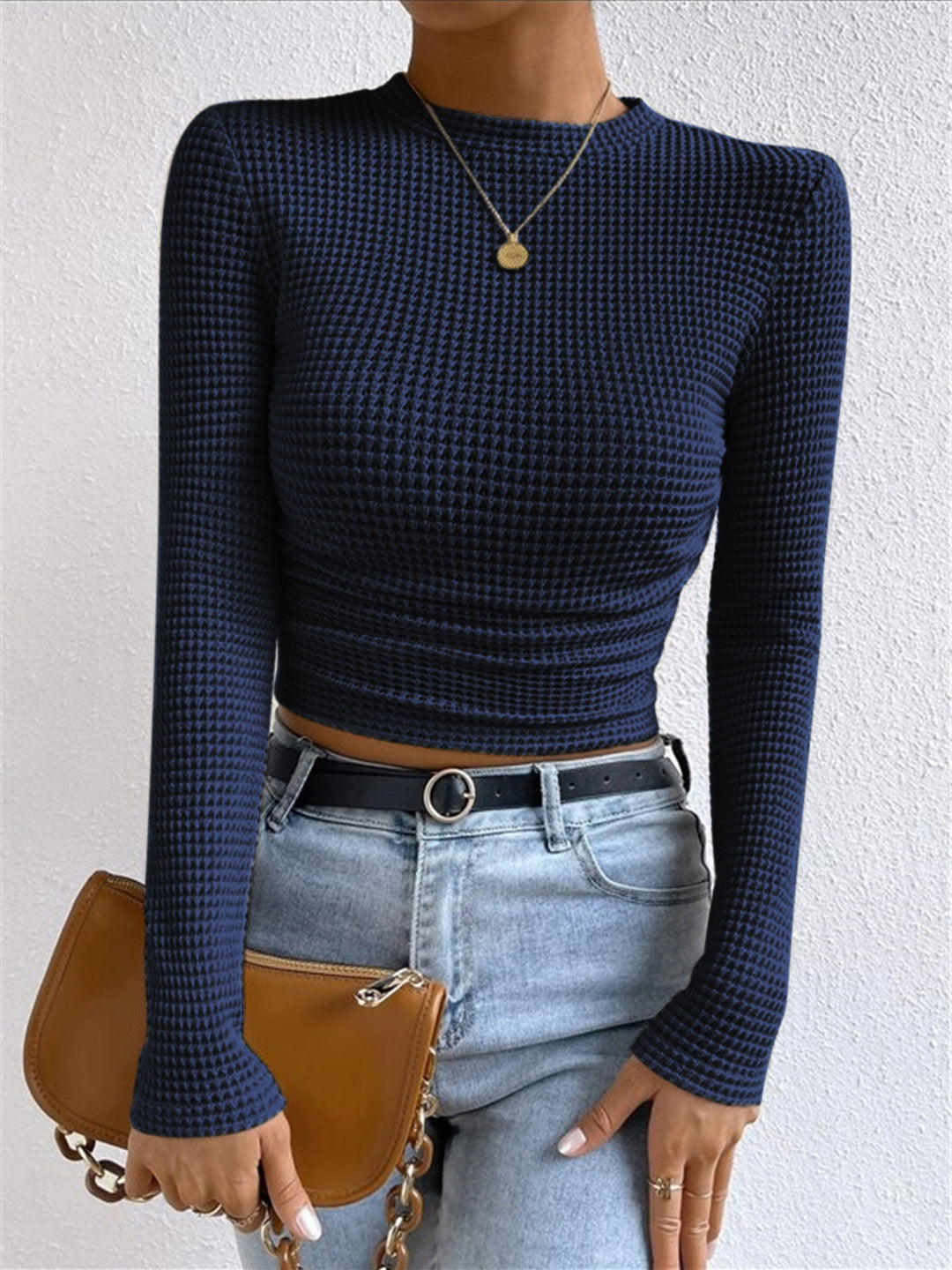 Damen Waffelpiqué Langarm-Bluse | Crew-Ausschnitt in Marineblau