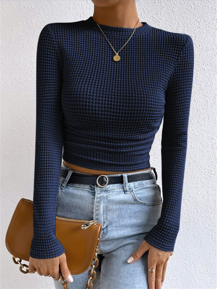 Damen Waffelpiqué Langarm-Bluse | Crew-Ausschnitt in Marineblau
