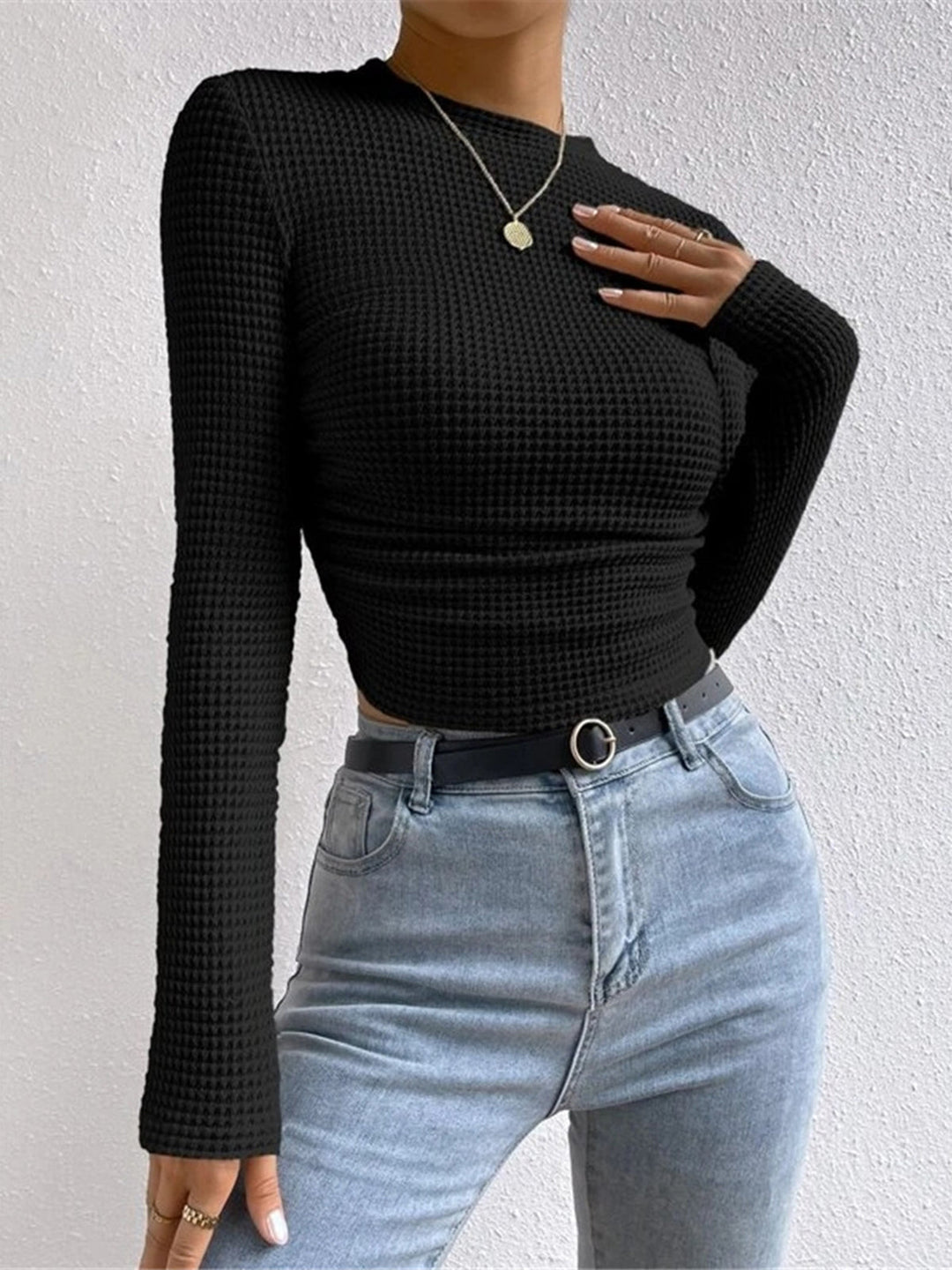 Damen Waffelpiqué Langarm-Bluse | Crew-Ausschnitt in Schwarz