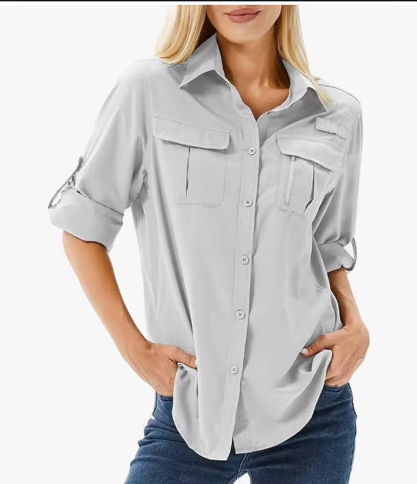 Damen Wanderbluse mit Sonnenschutz für Abenteuer in Hellgrau