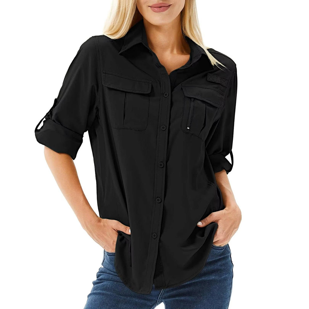 Damen Wanderbluse mit Sonnenschutz für Abenteuer in Schwarz