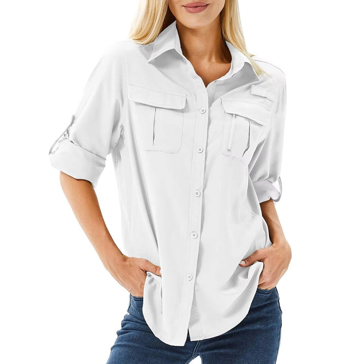 Damen Wanderbluse mit Sonnenschutz für Abenteuer in Weiß