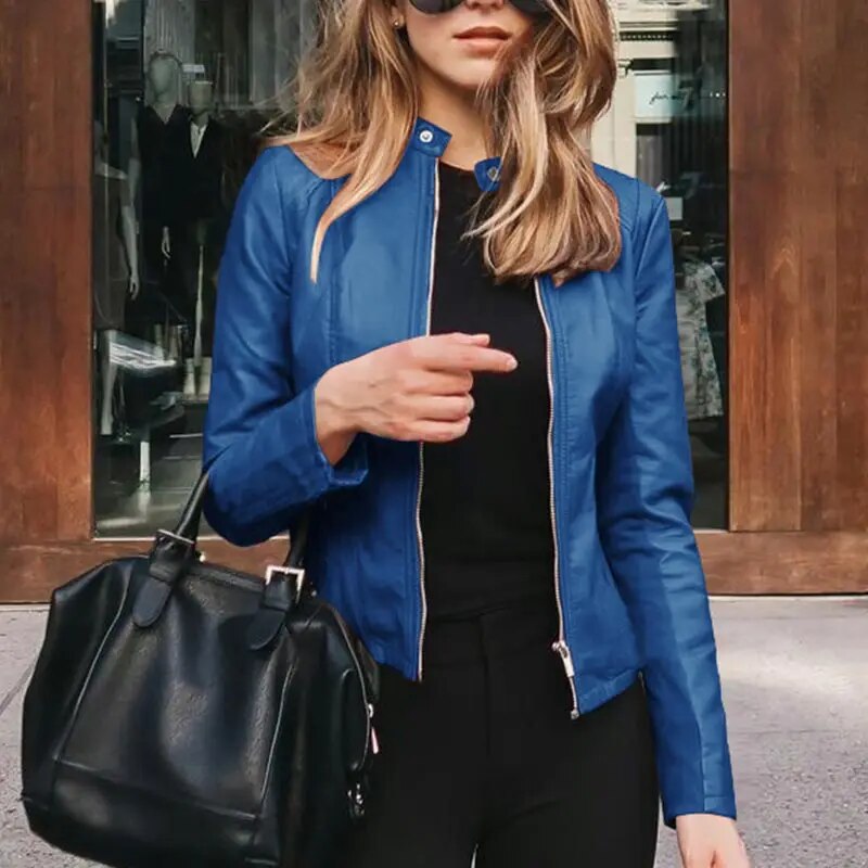 Damen Warme Cropped Lederjacke in Blau