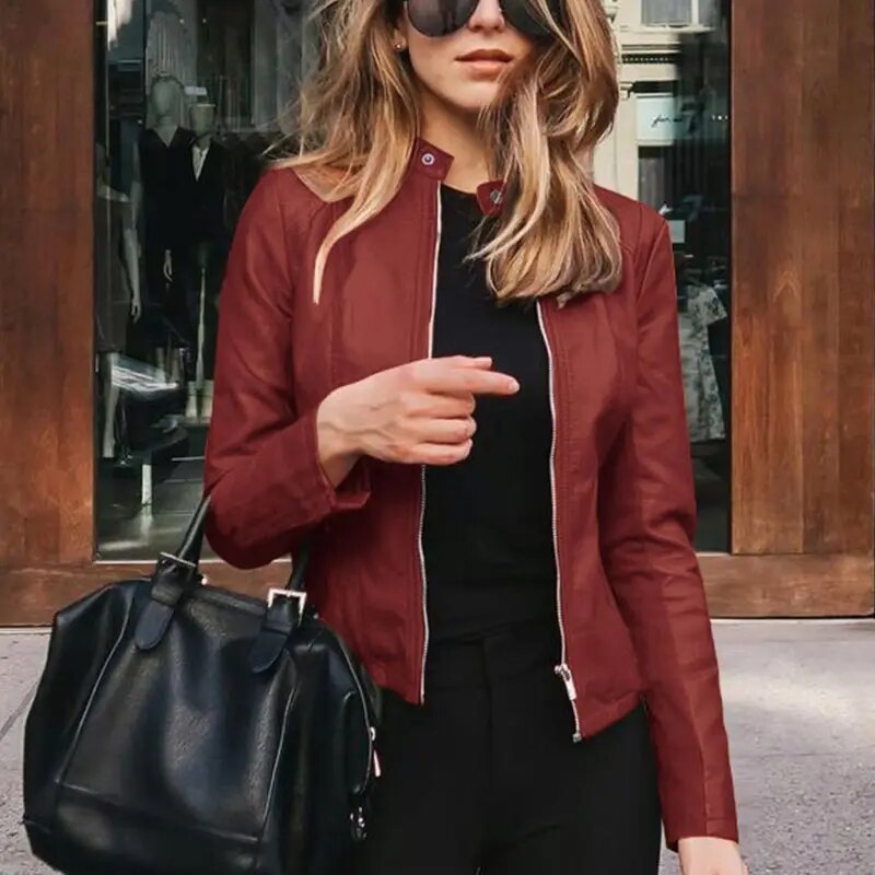 Damen Warme Cropped Lederjacke in Bordeaux