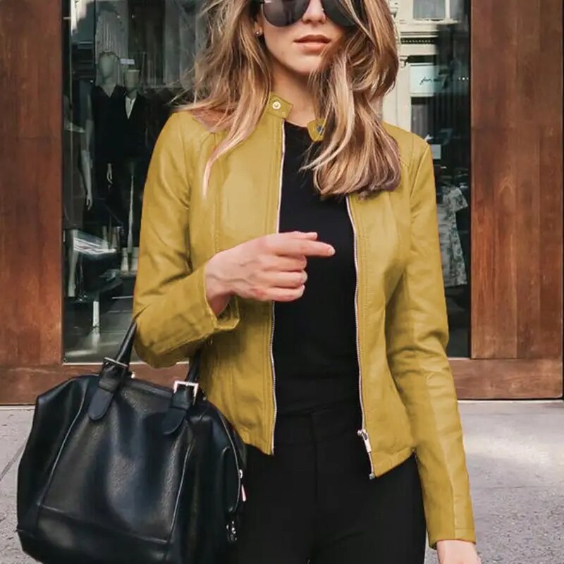 Damen Warme Cropped Lederjacke in Gelb