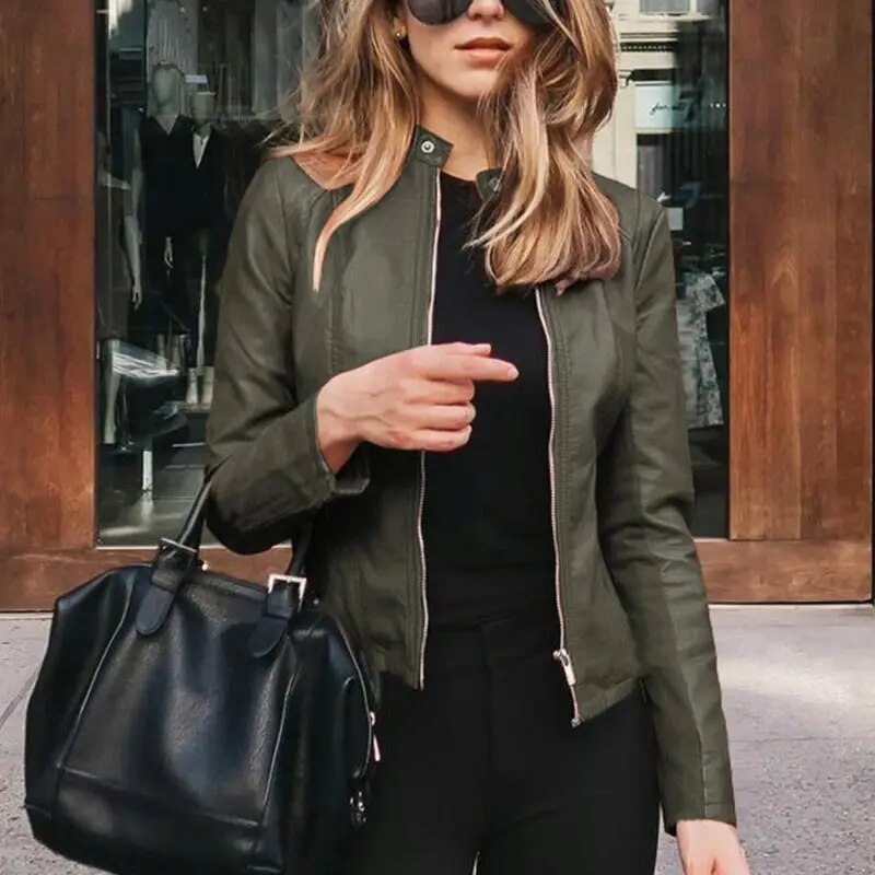 Damen Warme Cropped Lederjacke in Green Leather