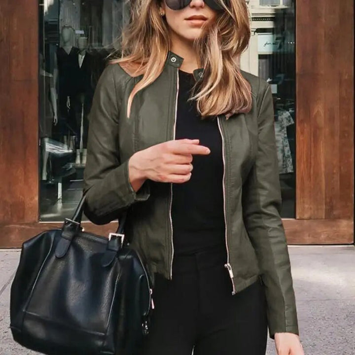 Damen Warme Cropped Lederjacke in Green Leather