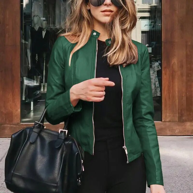 Damen Warme Cropped Lederjacke in Grün