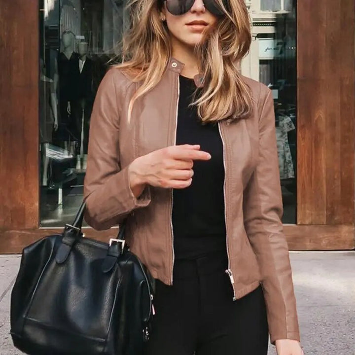 Damen Warme Cropped Lederjacke in Khaki