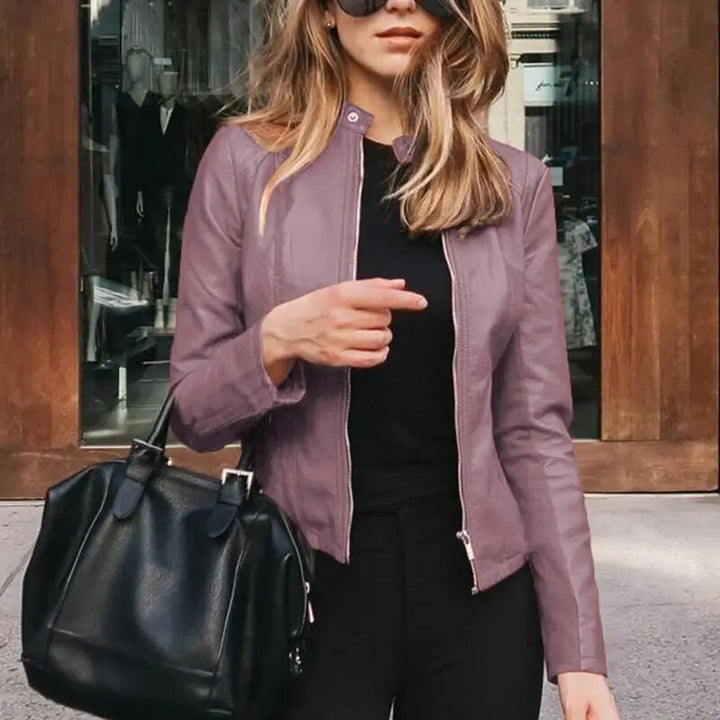 Damen Warme Cropped Lederjacke in Lavender