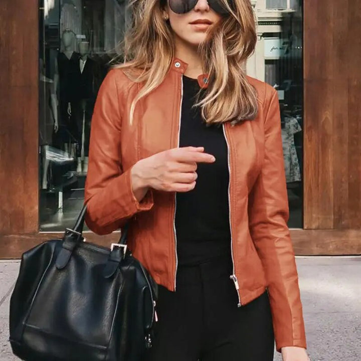 Damen Warme Cropped Lederjacke in Orange