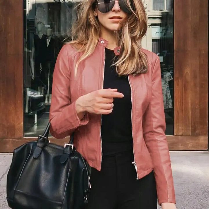 Damen Warme Cropped Lederjacke in Rosa