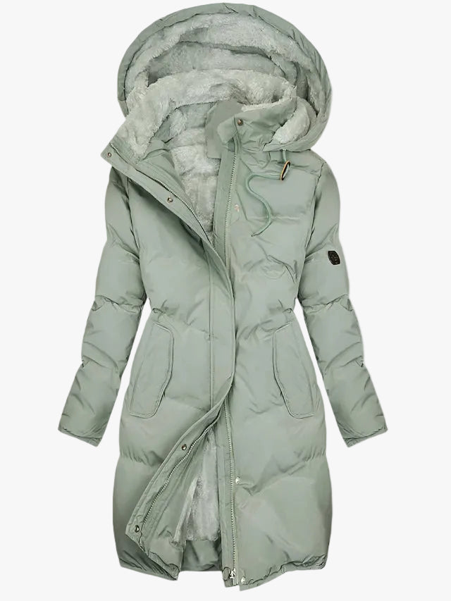 Damen Warme Lange Gesteppte Pufferjacke mit Kapuze in Grün