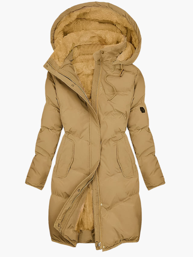 Damen Warme Lange Gesteppte Pufferjacke mit Kapuze in Khaki
