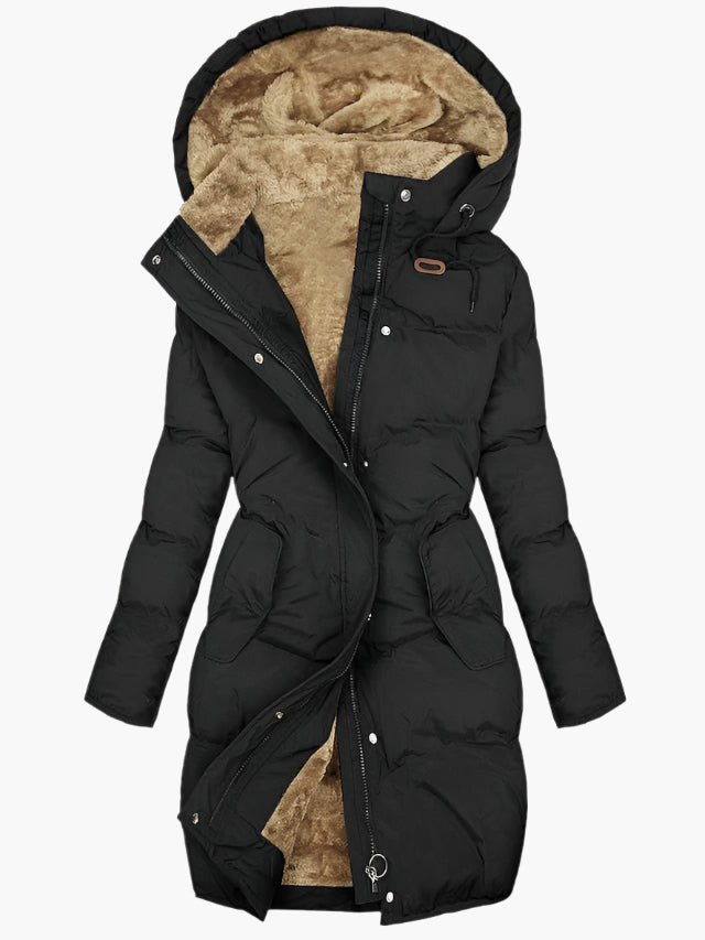 Damen Warme Lange Gesteppte Pufferjacke mit Kapuze in Schwarz