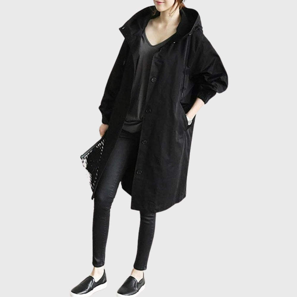 Damen wasserabweisender Trenchcoat mit verstellbarer Kapuze in Schwarz
