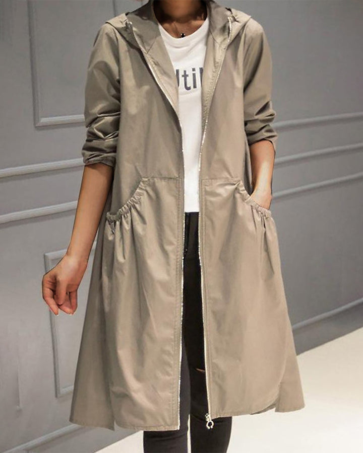Damen Wasserfester Langer Trenchcoat für Herbst in Khaki