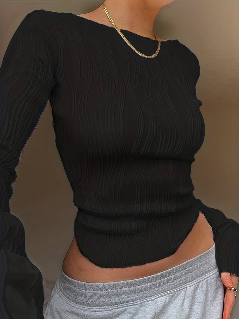 Damen Wellentextur Langarmtop in Schwarz