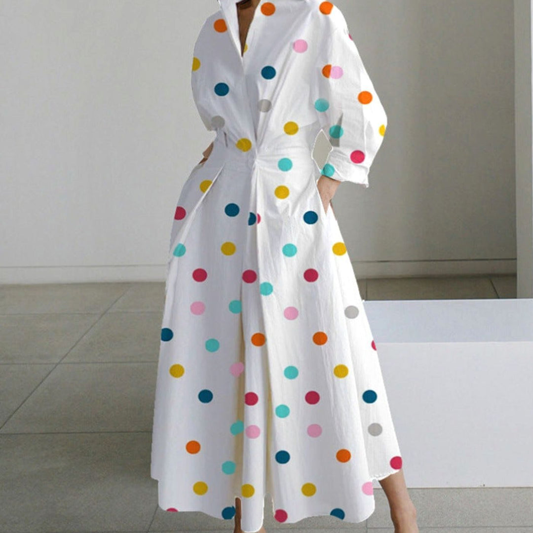 Damen Wickelbluse Maxilänge für festliche Anlässe in Rainbow Polka Dot