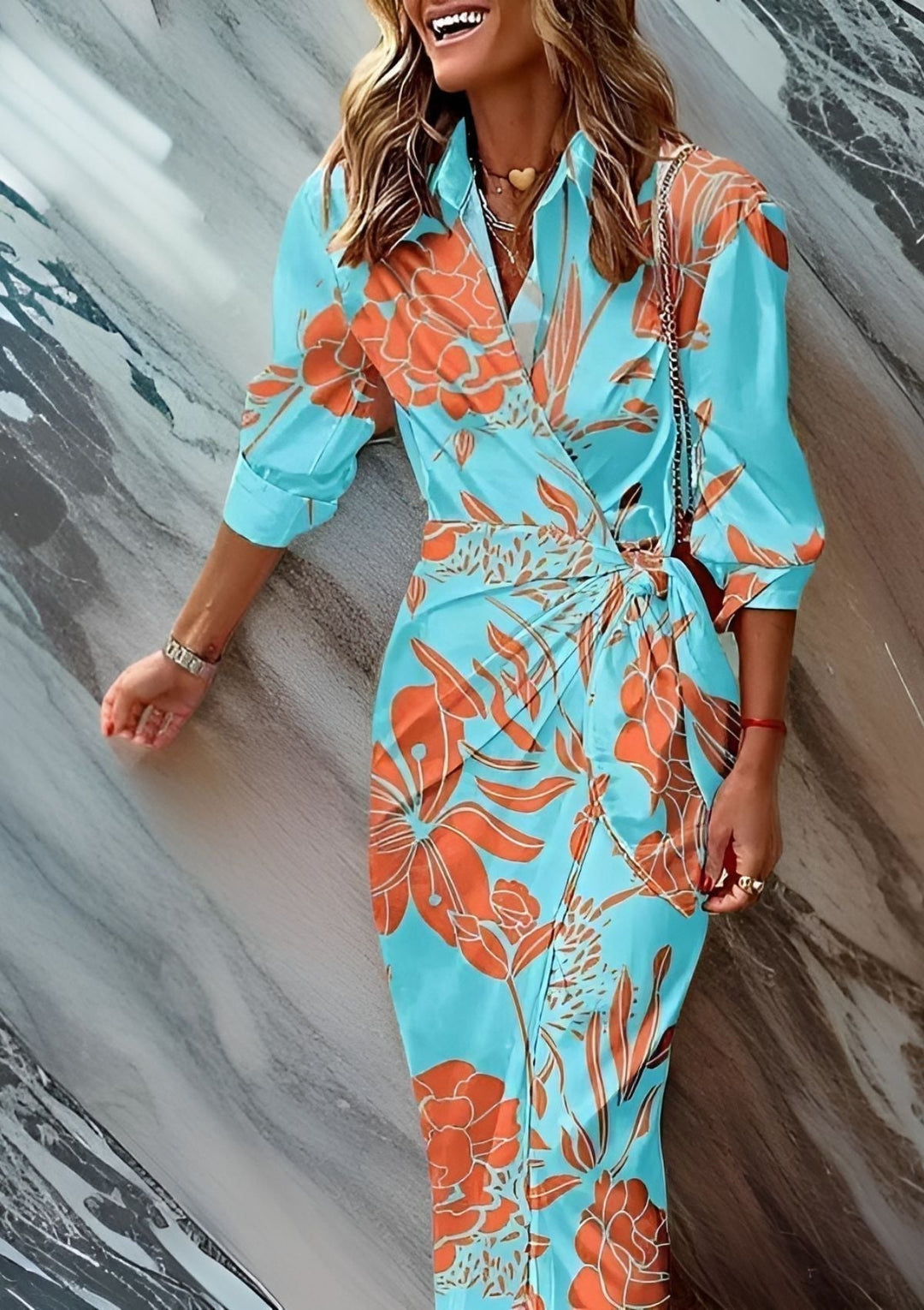 Damen Wickelkleid mit Muster für Herbsthochzeiten in Türkis