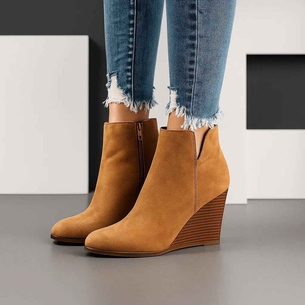 Damen Wildleder Herbst-Stiefel mit Keilabsatz in Khaki