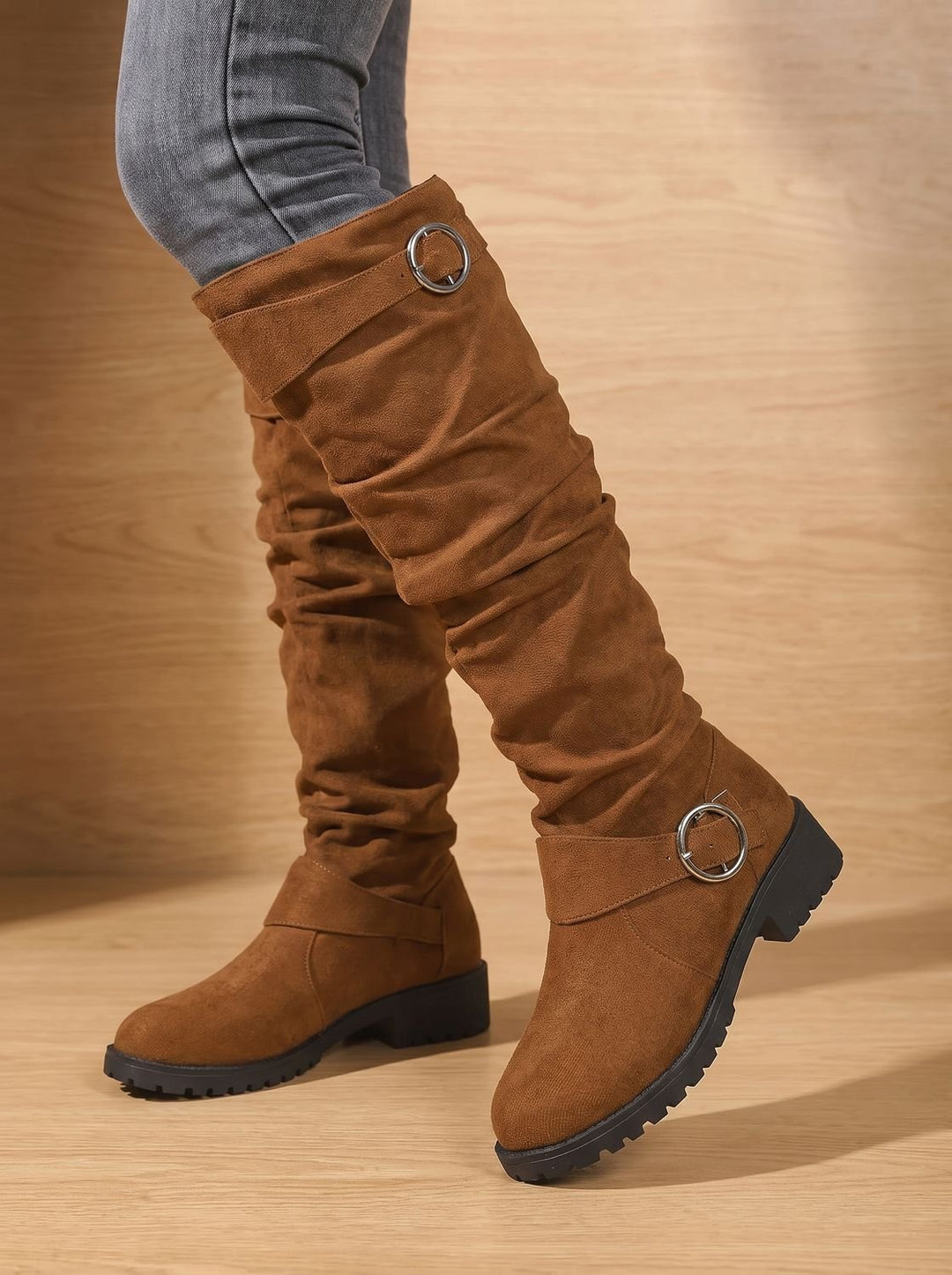 Damen Wildleder Plateau Stiefel für Winter in Lichtbruin