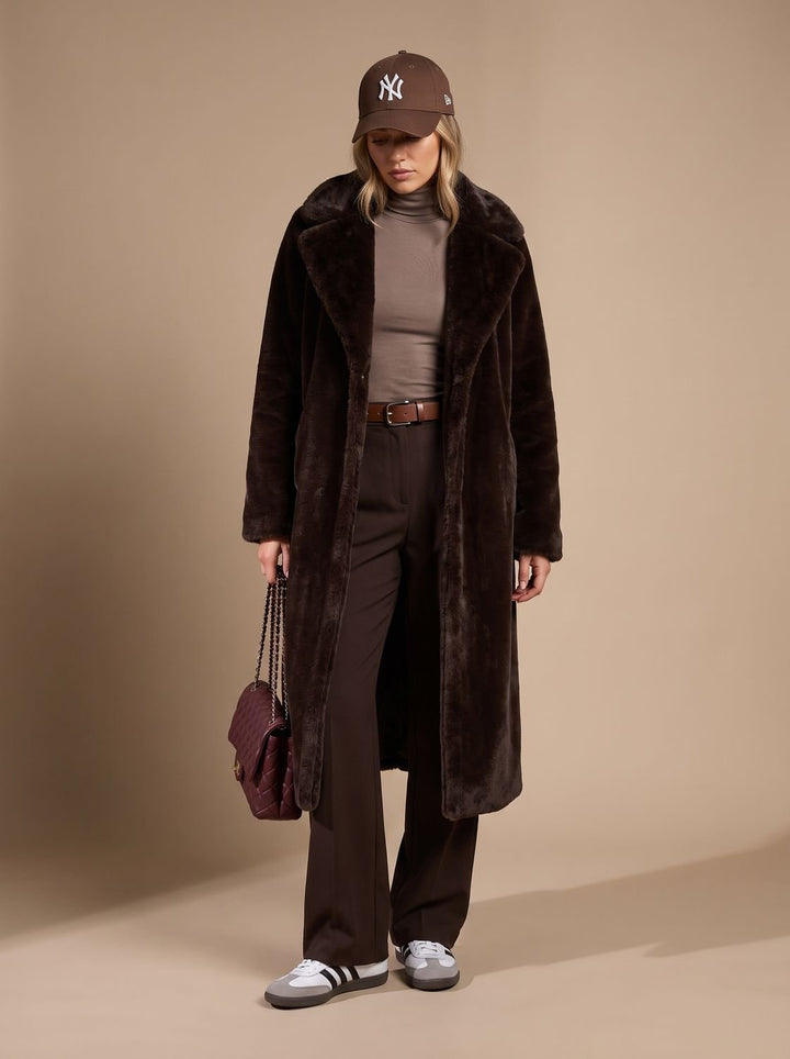 Damen Winterjacke aus Imitationsbont Maxi-Länge in Braun