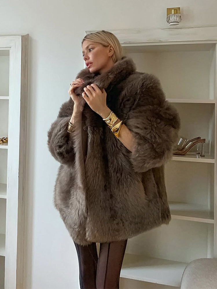 Damen Winterjacke aus Kunstfell mit Ballonärmeln in Grau