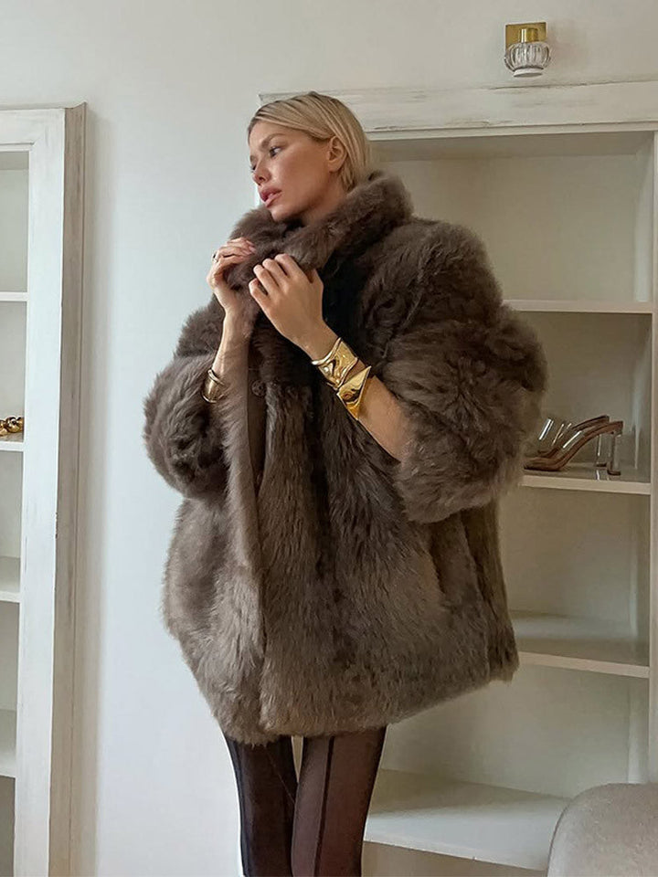 Damen Winterjacke aus Kunstfell mit Ballonärmeln in Grau