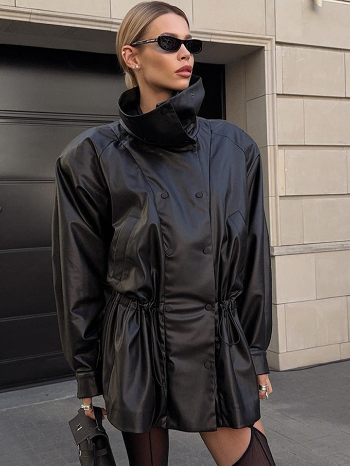 Damen Winterjacke aus Kunstleder mit Stehkragen in Schwarz