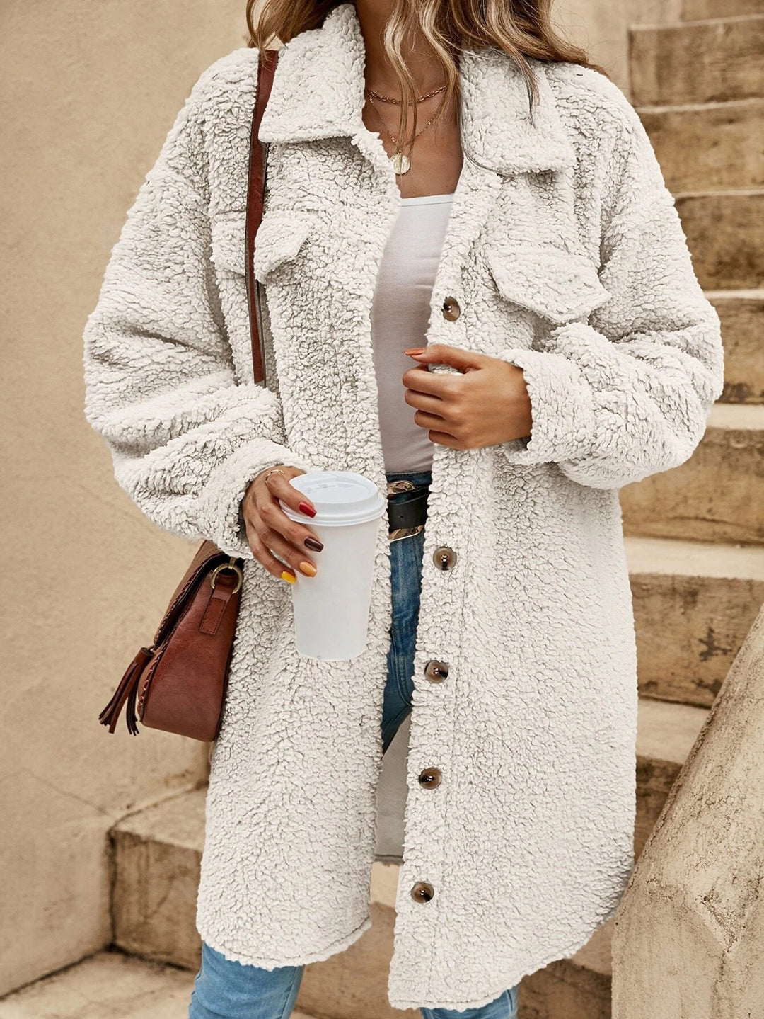 Damen Winterjacke aus Teddyplüsch, lang in Weiß