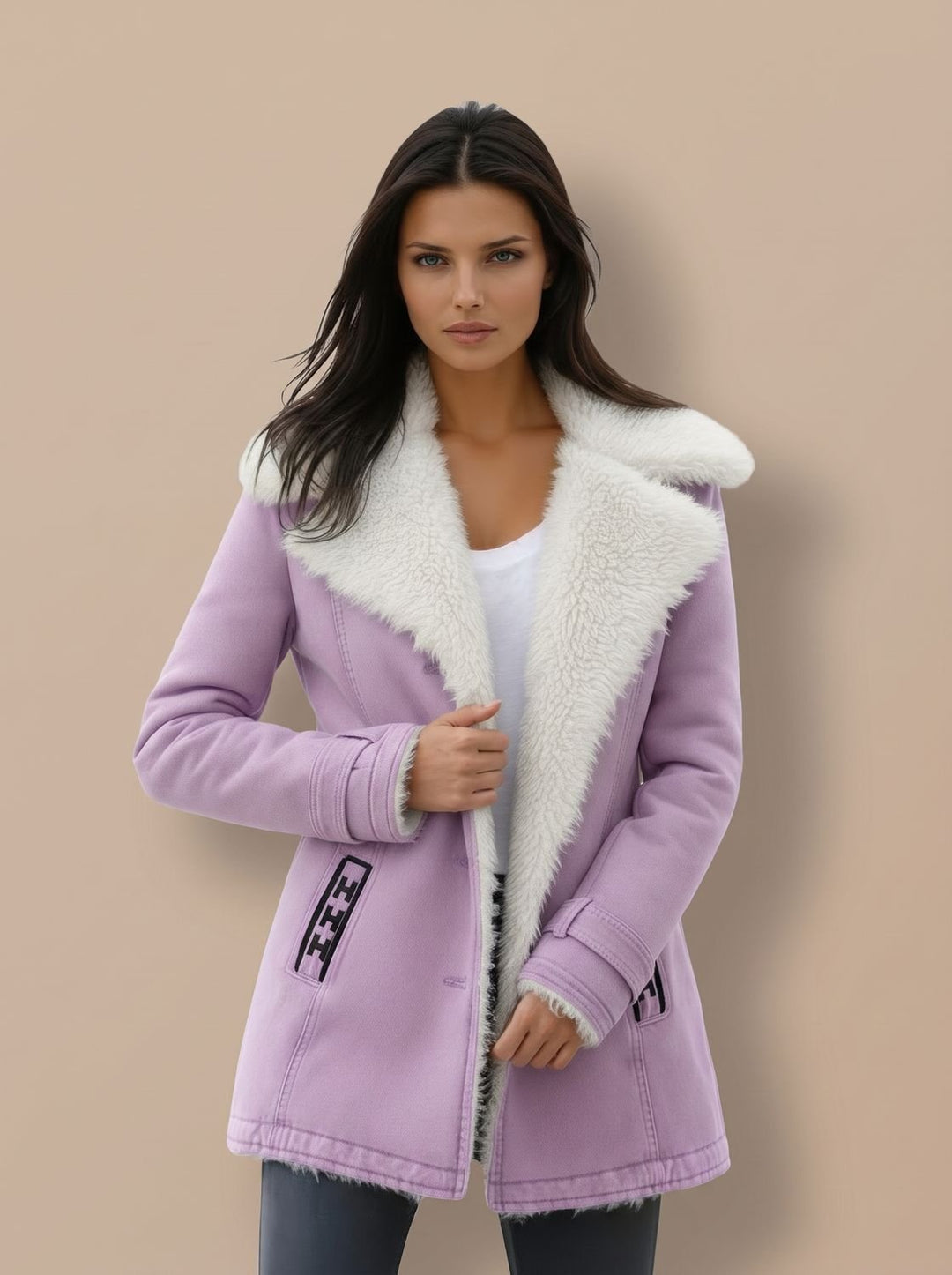 Damen Winterjacke aus Wolle Hüftlang in Lila
