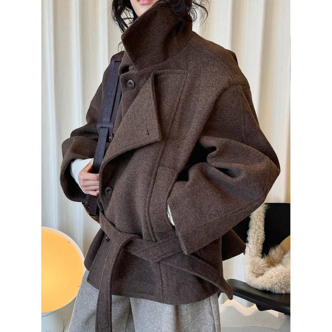 Damen Winterjacke aus Wollmix mit Gürtel in Kaffee