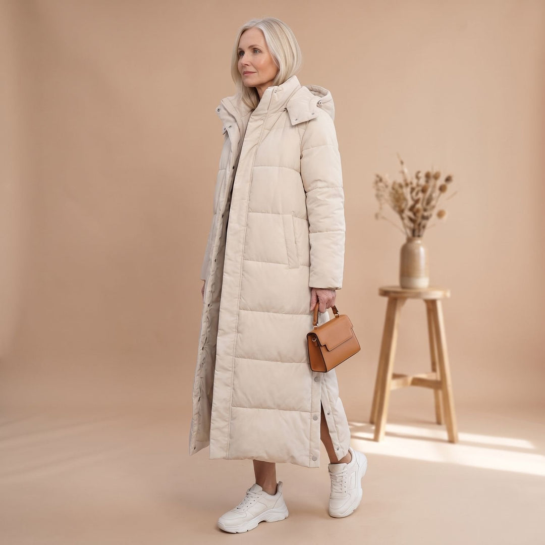 Damen Winterjacke Gesteppt Midi mit Kapuze in Beige