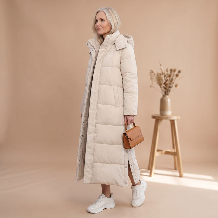 Damen Winterjacke Gesteppt Midi mit Kapuze in Beige