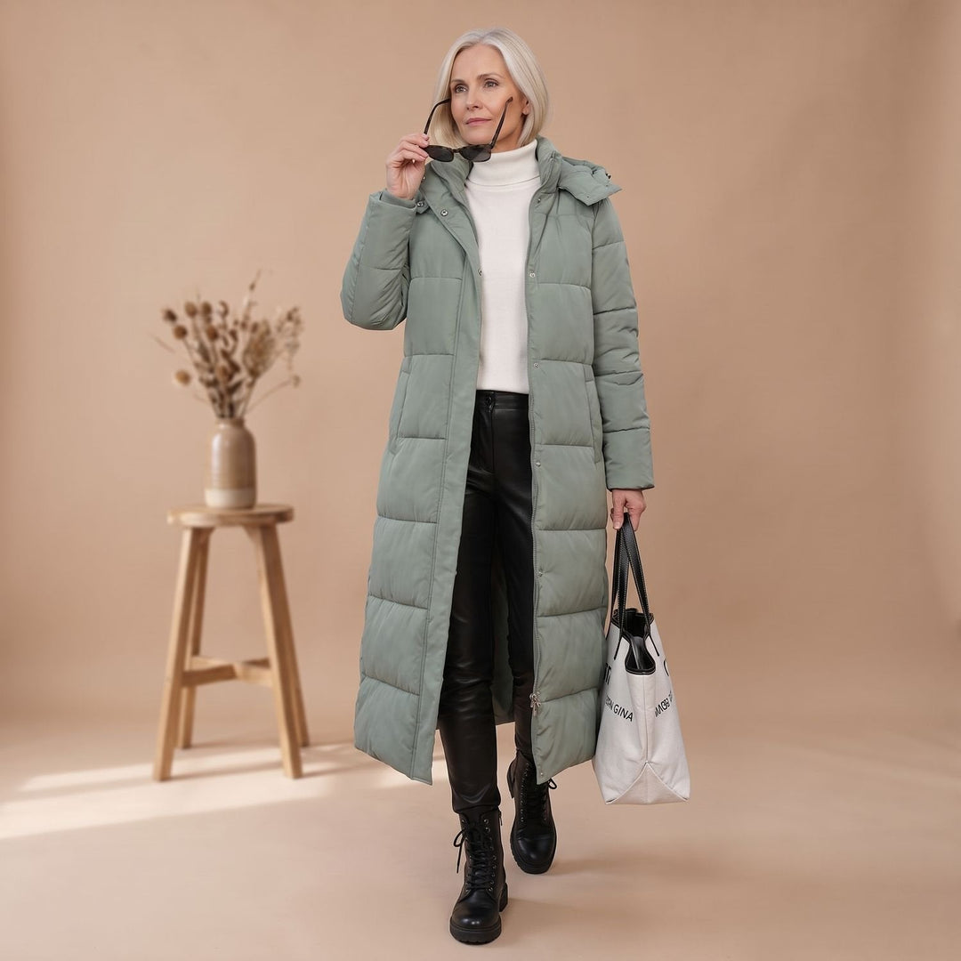 Damen Winterjacke Gesteppt Midi mit Kapuze in Grün