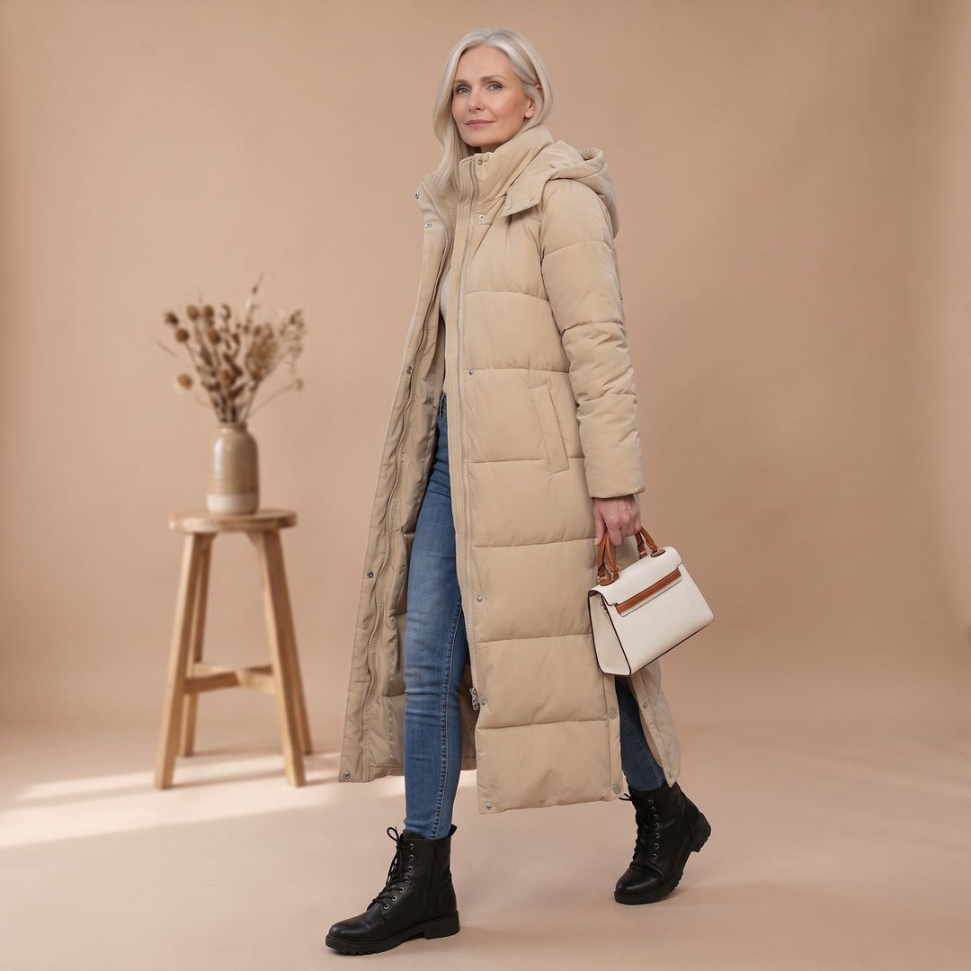 Damen Winterjacke Gesteppt Midi mit Kapuze in Khaki
