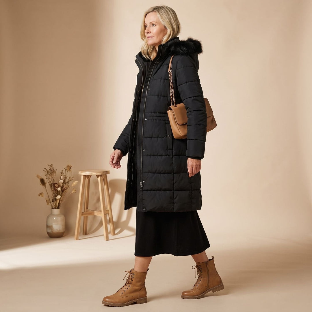 Damen Winterjacke Gesteppt Midi mit Kapuze in Schwarz