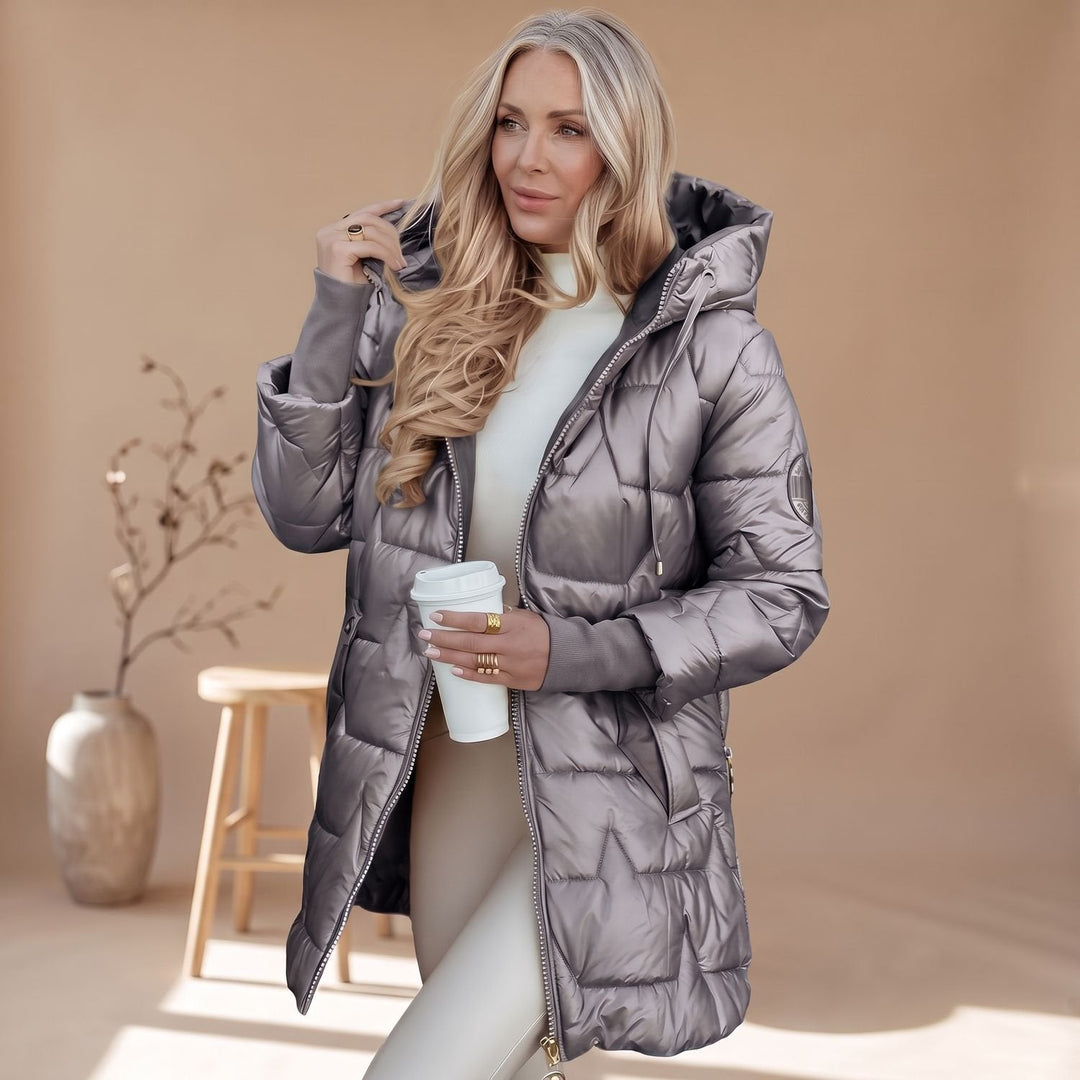 Damen Winterjacke gesteppt mit Kapuze, tailliert in Grau