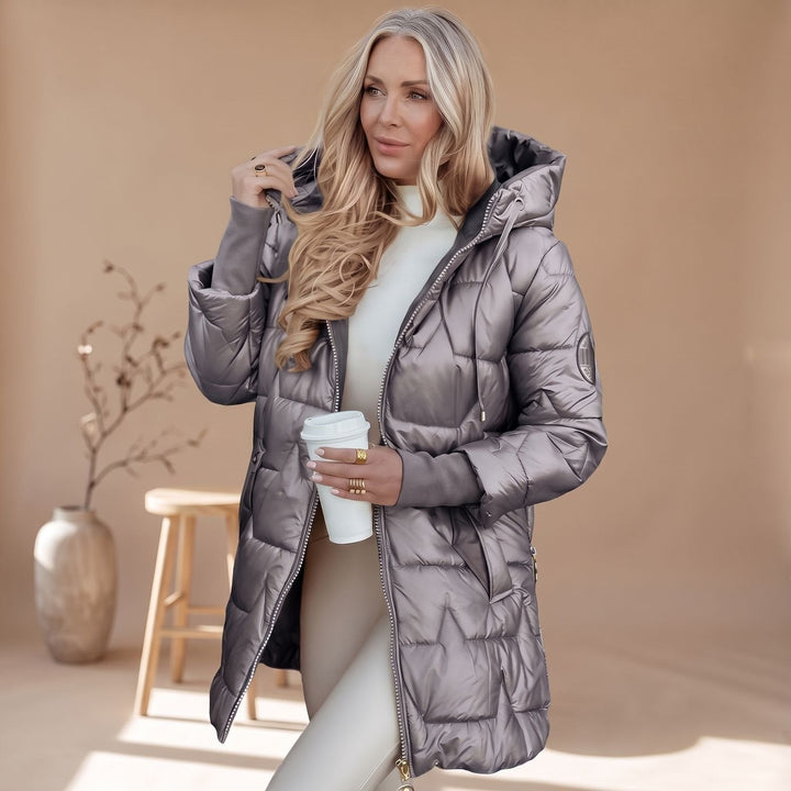 Damen Winterjacke gesteppt mit Kapuze, tailliert in Grau