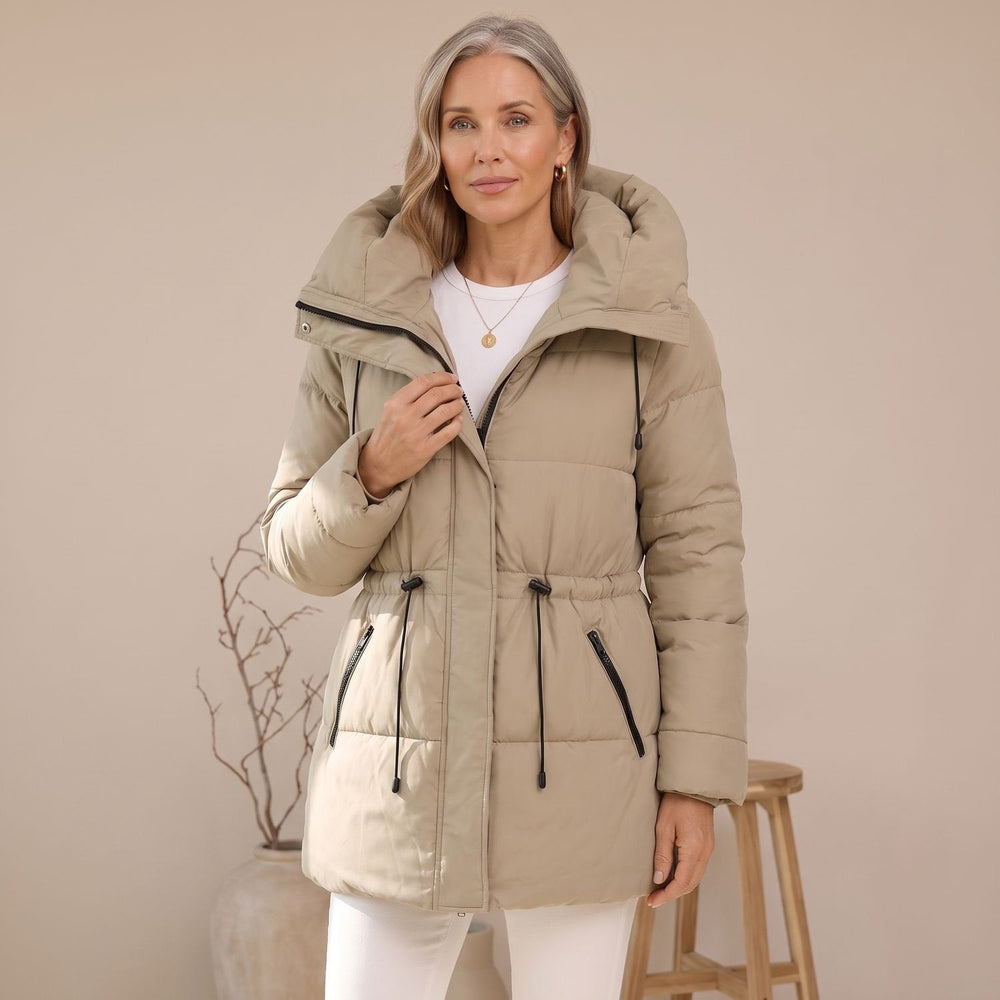 Damen Winterjacke Gesteppt mit Taillenzug und Kapuze in Beige