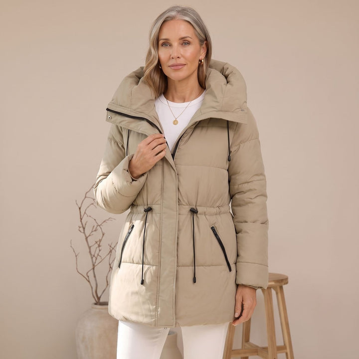 Damen Winterjacke Gesteppt mit Taillenzug und Kapuze in Beige