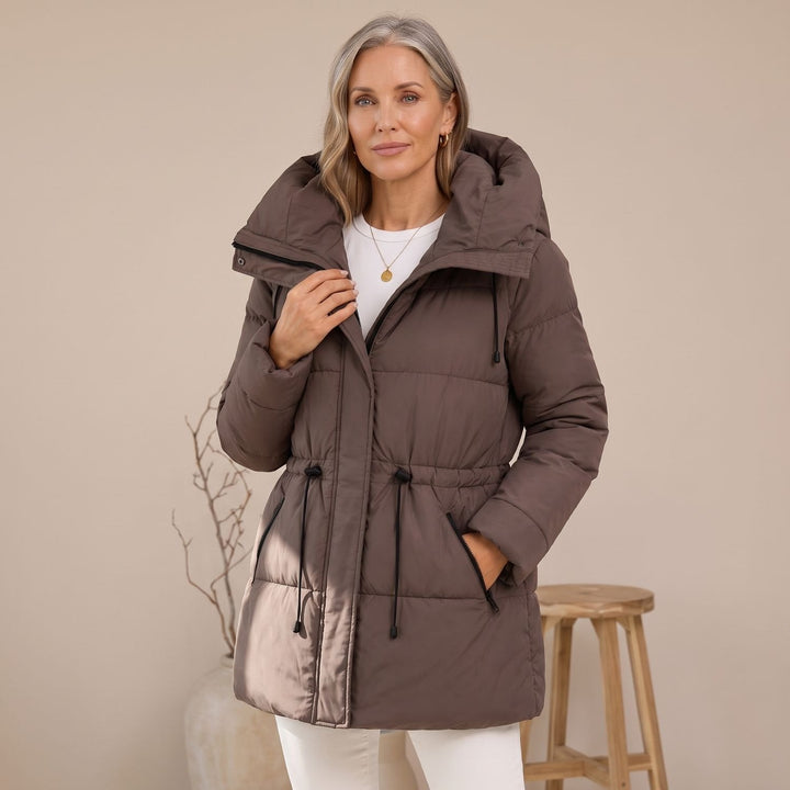 Damen Winterjacke Gesteppt mit Taillenzug und Kapuze in Braun